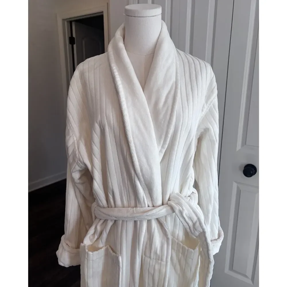LAURA ASHLEY Robe Ivory Ribbed Belted Fluffy Long Sleeve OSFM 100% Cotton